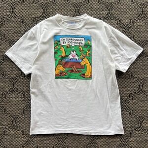 Vintage Farm T-Shirt Mens XL White Joke Parody Humour Surrounded By A**-holes
